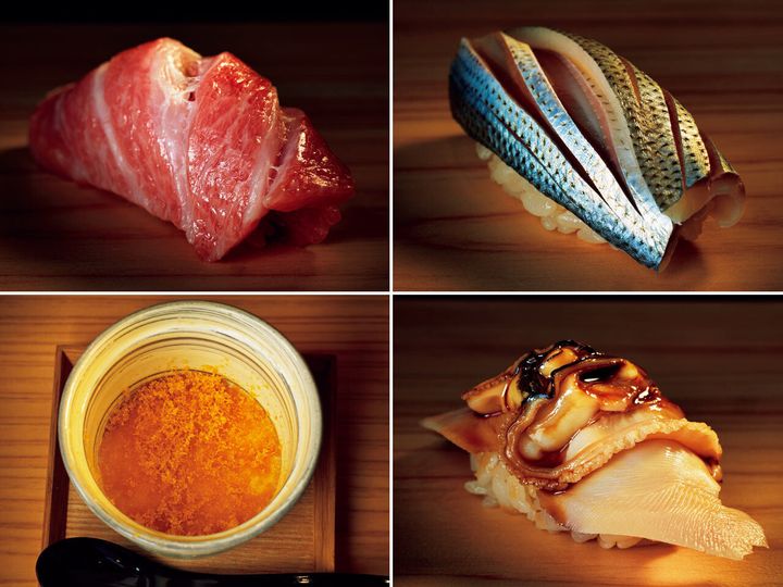 三越前『日本橋 鮨 洋』の大トロ、小肌、煮はまぐり、からすみの茶わん蒸し