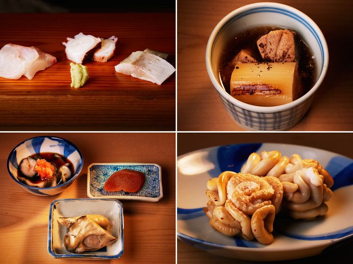 御成門『冨所』の刺身（タコとクエ、カマスの炙り）、ねぎまぐろの煮物、白子の焼き物、自家製カラスミ、なまこポン酢、蒸し牡蠣のオイル漬け