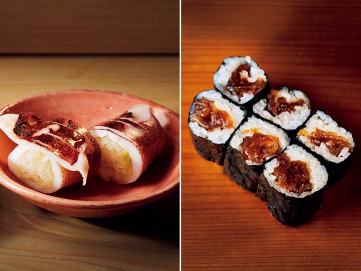 銀座『銀座 鮨 み富』のイカの印籠詰め、かんぴょうの巻物