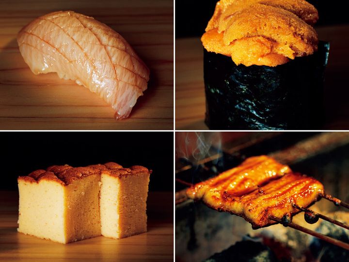 三越前『日本橋 鮨 洋』のぶりの漬け、うに軍艦、炭火で焼いたうなぎ、たまご