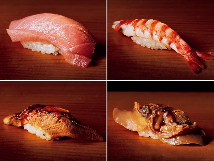 銀座『銀座 鮨 み富』の中トロ、車エビ、煮ハマグリ、穴子