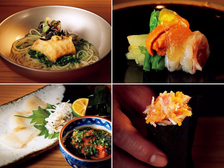 三越前『日本橋 鮨 洋』の太刀魚の天ぷらとふぐだしのにゅうめん、車エビのあらいとバフンうに 菜の花 白菜のお浸し、ねぎとろたく手巻き、ふぐ刺し あん肝ポン酢