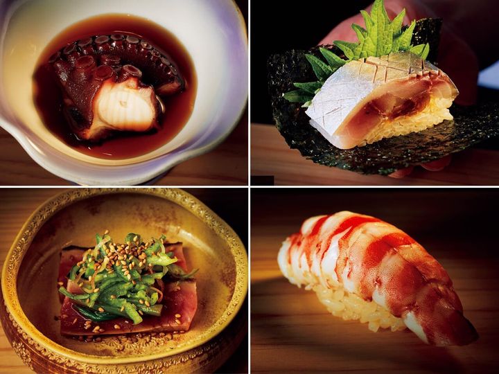 三越前『日本橋 鮨 洋』の煮だこ、さば棒鮨、車エビ、メジまぐろの炙り万願寺とみょうが 行者にんにくしょうゆ