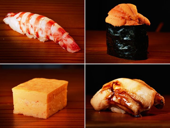 御成門『冨所』の車エビ、バフンうにの軍艦、穴子、たまご