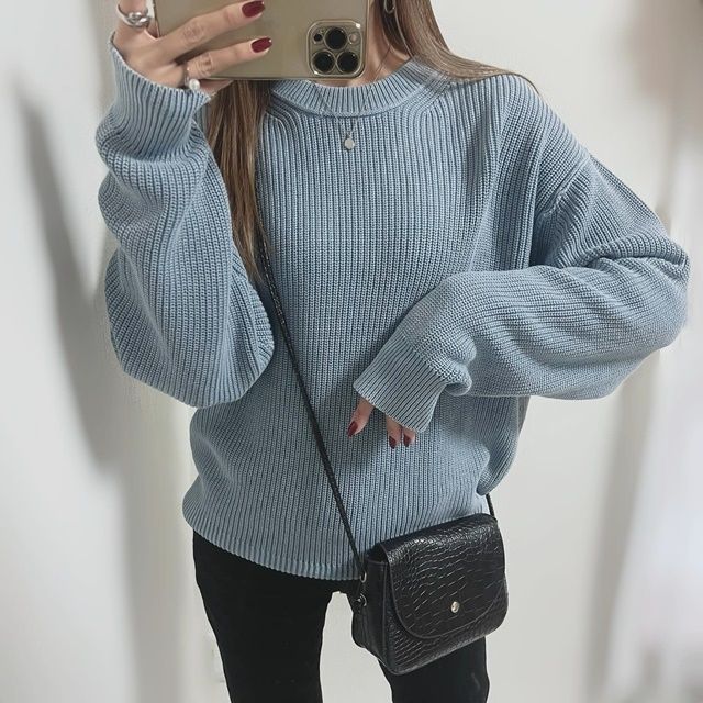 GUメンズのブルーの「ウォッシュドリブクルーネックセーター」