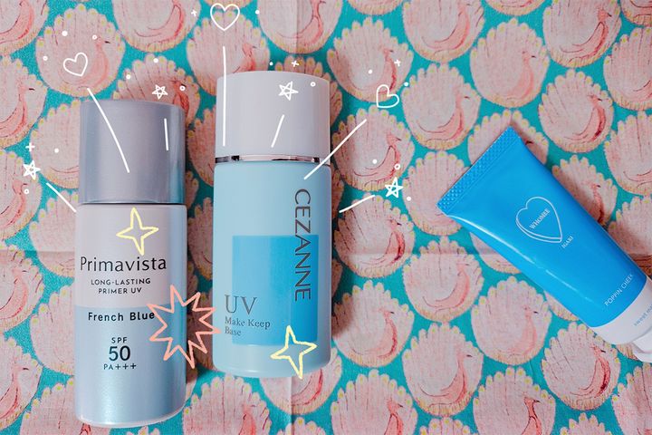 プリマヴィスタ「スキンプロテクトベース皮脂くずれ防止 UV50」（左）とセザンヌ（中央）。右の「フーミー」は、また今度
