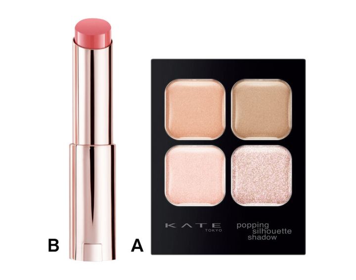 A_ケイト ポッピングシルエットシャドウ PK-01（カネボウ化粧品) B_イドル リップ バターグロウ 36（ランコム）