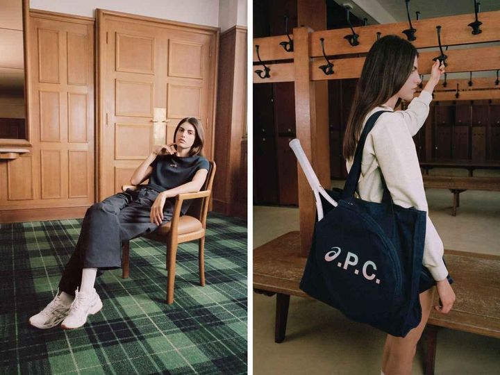 画像: 左｜Tシャツ￥22,000、パンツ￥50,600、ソックス￥2,420、スニーカー「ゲルカヤノ14 x アー・ペー・セー」￥35,200、右｜ラケットトートバッグ￥50,600 出典：A.P.C.