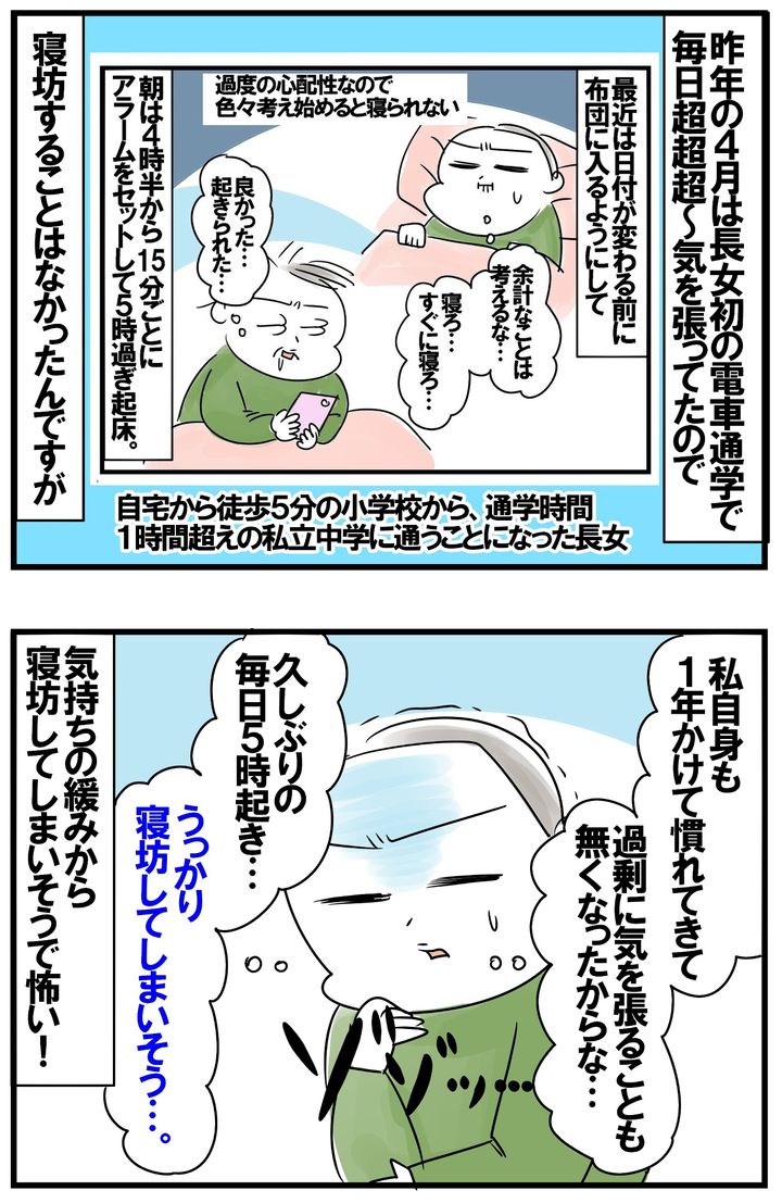 昨年春は、長女が初の電車通学を開始し、とにかく気を張っていたので寝坊することはなかったけど…。気が緩んできて久しぶりの5時起きが不安。