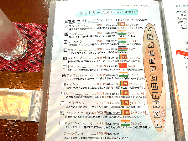 紅茶のメニュー