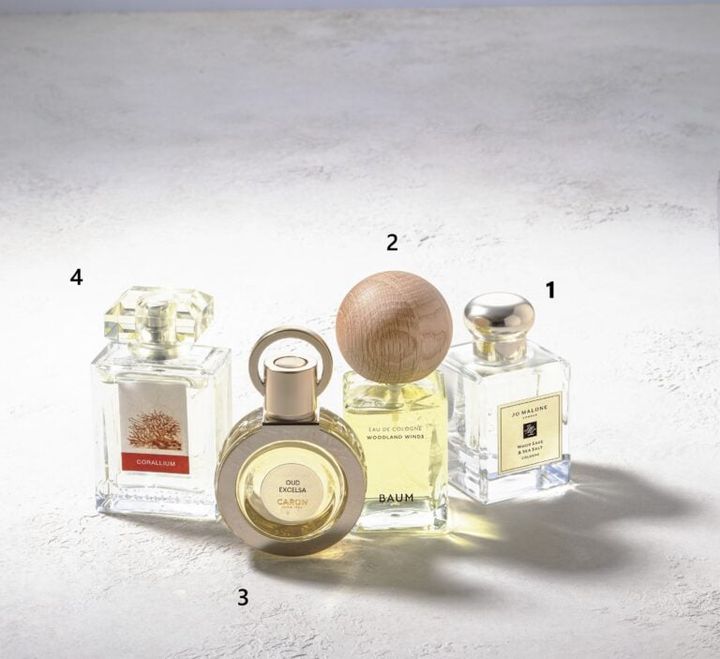 1．ウッド セージ & シー ソルト コロン 50㎖ ¥16,940／ジョー マローン ロンドン、２．バウム オーデコロン ウッドランド ウインズ 60㎖ ¥13,200／バウム、３．キャロン ウード・エクセルサ オードパルファン 30㎖ ¥27,500／フォルテ、カルトゥージア コラリウム オー・ド・パルファン 50㎖ ¥17,600／トヨダトレーディング プレスルーム