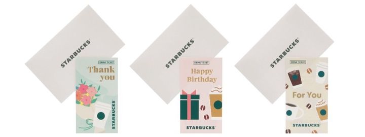 （左から）「ビバレッジギフトミニカード Thank you / Happy Birthday / For You」550円 【ドリンク引き換え有効期間】2025年4月9日（水）〜2025年10月5日（日） 【ドリンク交換チケット】 700円（店内利用）、687円（持ち帰り）までのドリンクと交換可能