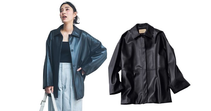 ユナイテッドアローズのエコレザージャケットとそれを黒のカットソーとグレーパンツに合わせた着こなし