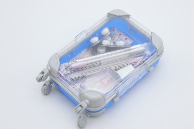 ダイソー キャリーケース型小物入れ（青、緑、黄） 使用例 小物入れ