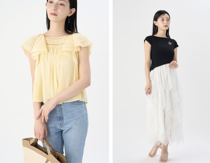 画像: 【CELFORD】黄色のブラウス￥17,600、サックスのデニムパンツ￥23,100 ドッキングワンピース￥25,300