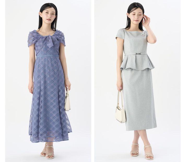 画像: 【CELFORD】ブルーのシアードレス￥30,800 グレーのペプラムワンピース￥26,950