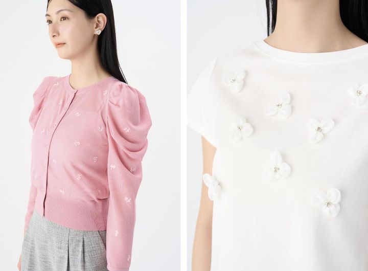 画像: 【CELFORD】ピンクの刺繍カーディガン￥17,600 お花付きカットソー￥15,950