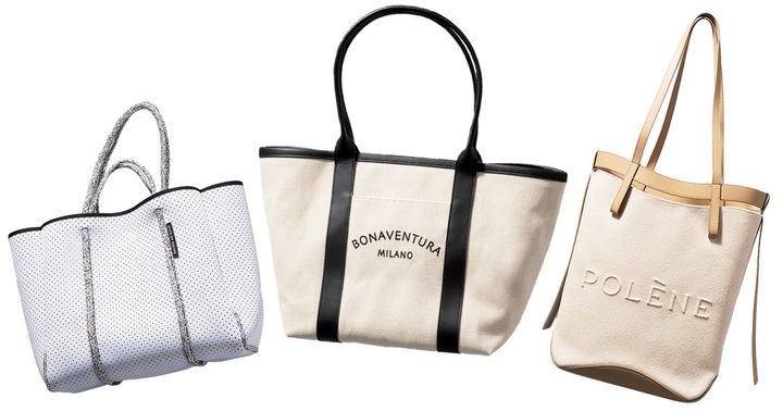 ステートオブエスケープの白トートとボナベンチュラのキャンバストートとポレーヌのレザーとキャンバス地がコンビになったバッグ
