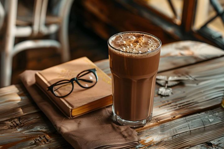 アイスコーヒー、メガネ、本