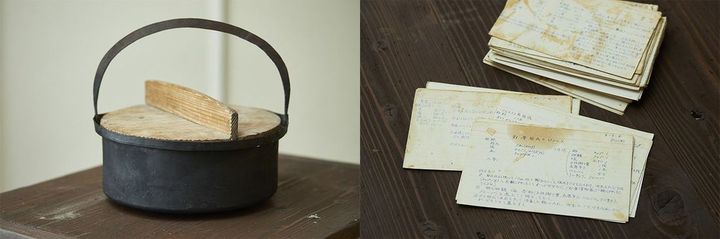 左＝100年近く使い継いできた鉄鍋は大切に保存されている。右＝祖母・泰子さんの手書きのレシピカード。「データ化して数百枚以上捨てましたが、まだまだたくさんある」とさわこさん。