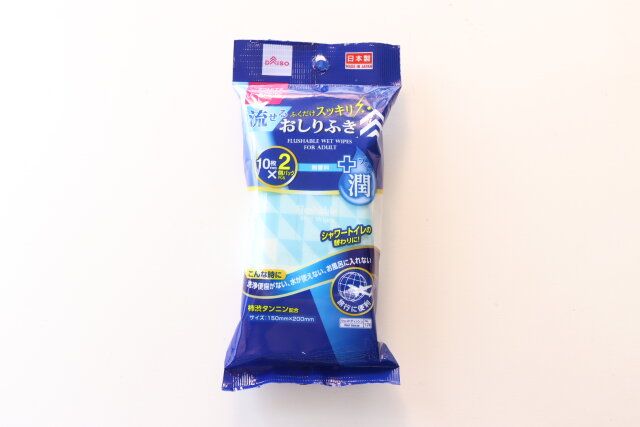 ダイソーのシャワートイレウェットおしりふき（10枚、2個）のパッケージ