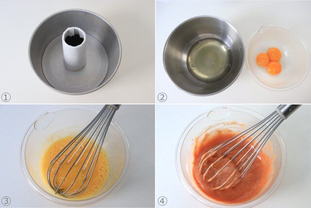 卵黄のボウルに、グラニュー糖20g・牛乳・米油を加え混ぜる。