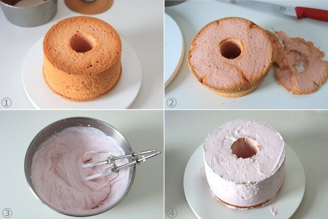 シフォンケーキの底の部分をカットし桜クリーム塗る。