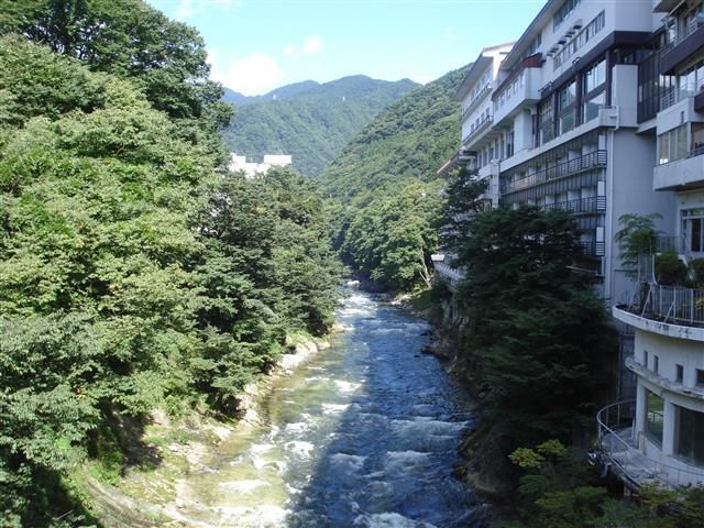 新緑や紅葉が美しい水上峡沿いに旅館が立ち並ぶ