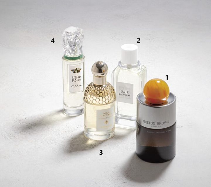 1.サンリット クレメンタイン＆ベチバー オードパルファン 100㎖ ¥27,500／モルトンブラウン、2.オーデ ジバンシイ オーデトワレ 100㎖ ¥16,280／パルファム ジバンシイ［LVMHフレグランスブランズ］、3.アクア アレゴリア ベルガモット カラブリア オーデトワレ 75㎖ ¥14,960／ゲラン、4.シスレー ロー レヴェ アルマ （オードゥ トワレ） 50㎖ ¥15,950／シスレージャパン