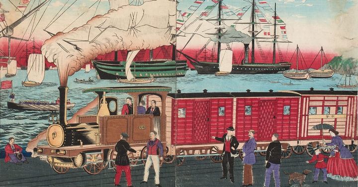 三代歌川広重作『横浜海岸鉄道蒸気車之図』、日本で鉄道は明治時代に初めて作られた