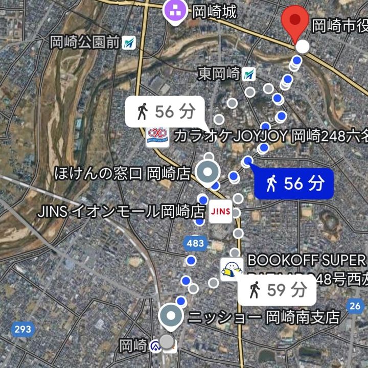 JR岡崎駅と中心市街地の距離を示した地図、JR岡崎駅は中心市街地からは大きく離れている