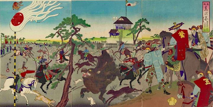 楊洲周延画「温故東の花 第五篇 将軍家於小金原御猪狩之圖」、明治22（1889）6月、東京都立図書館蔵