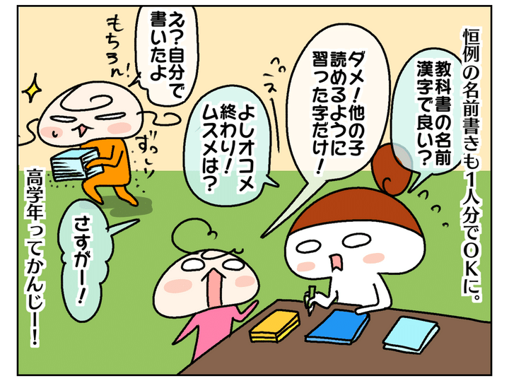 恒例の名前書き。今年はオコメの分のみ。ムスメは自分で書きました！