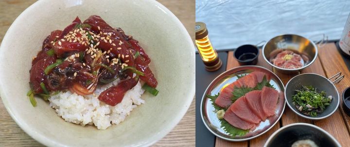 写真左＝こんなに旨いならば全部ヅケでもいい、と思うほど満足感が高かった漬け丼。半分残してお茶漬けにした。写真右＝キハダマグロを分けた仲間のソロキャンプの様子。「刺身はもちろん、ネギ皮ポン酢が日本酒に合い過ぎます！」と興奮気味に報告してくれた