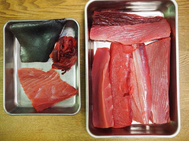 自宅でサク取り完了。かなり仕事が粗いが、自分と仲間で消費するならばこの程度でも十分だ