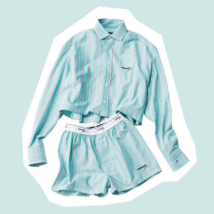 オムガールズとロンハーマンコラボのストライプ柄のシャツセットアップ