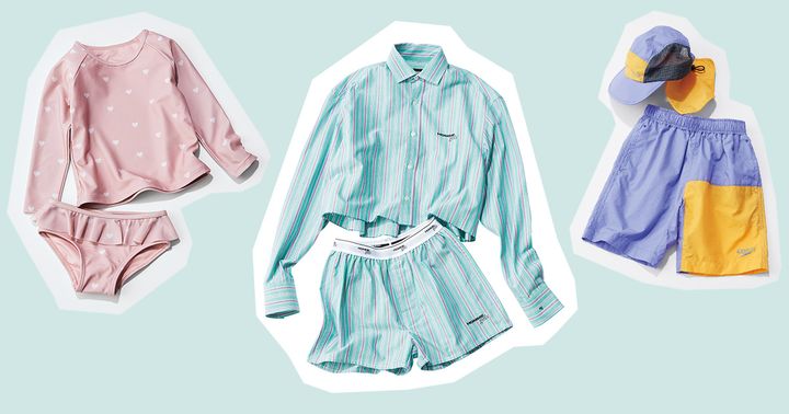 ジェイミーケイのキッズ用スイムウェアとオムガールズとロンハーマンコラボのシャツセットアップとスピードのキッズキャップとスイムショーツ