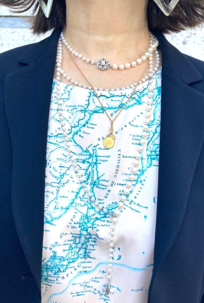 「ギンザタナカ」のネックレスと、お母様のパールをリメイクしたネックレス