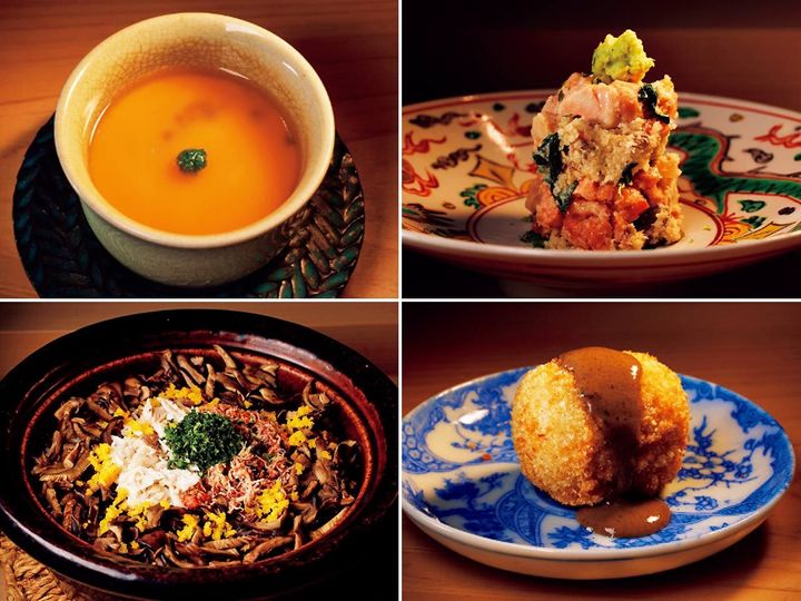 神楽坂『一宇』のスッポンとフカヒレの茶碗蒸し、あん肝おから、海老芋コロッケ、クエとコッペガニの炊き込みご飯