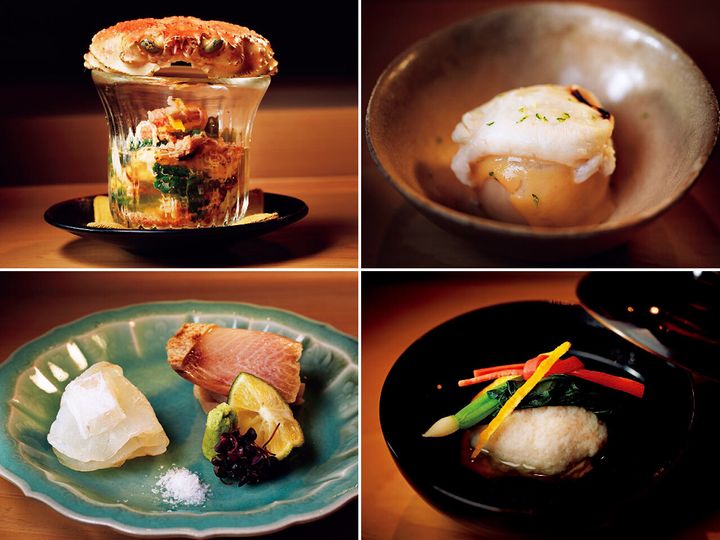 神楽坂『一宇』のコッペガニのお浸し、フグ白子とふろふき蕪、鴨真丈のお椀、お造り（ヒラメとブリ）