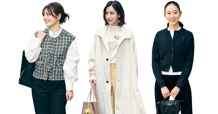 白シャツにツイードジレを重ねたママと白ニットとカラーパンツに白アウターを羽織ったママと白Tに黒のポケット付きカーデを着たママ