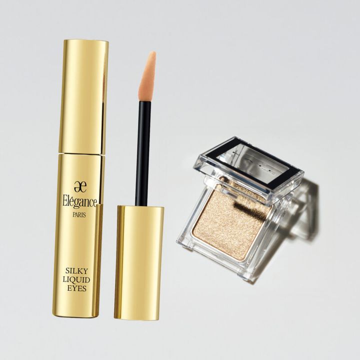 ⚫︎ ゴールドパール配合。エレガンス シルキー リクイッド アイズ06 ￥3,300／エレガンス コスメティックス ⚫︎ ケイト ザ アイカラー 005 ￥715（編集部調べ）／カネボウ化粧品
