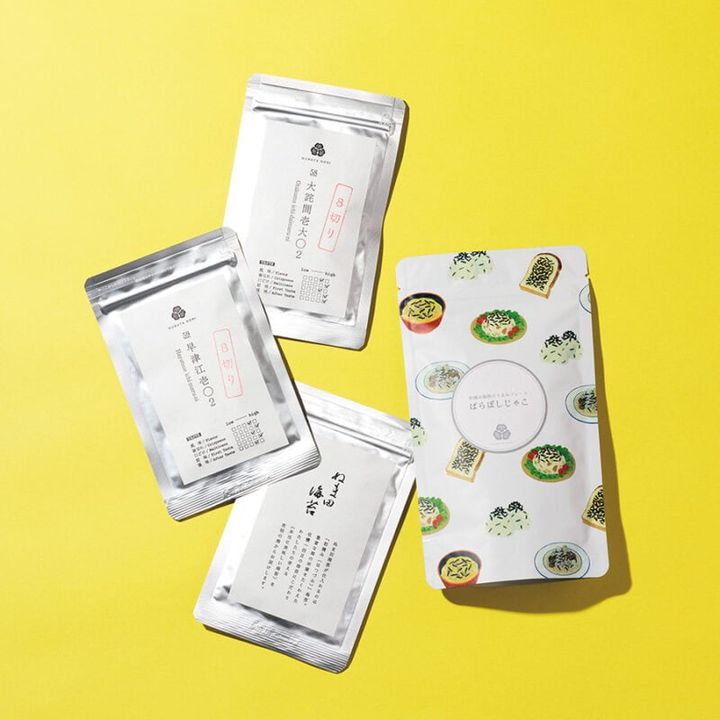 （ 右から）初摘み海苔のうまみフレーク《ばらぼしじゃこ》¥1,188、初摘みミニ食べ くらべ（3袋セット※写真の海苔は売り切れ次第、変更となります。 2025年の初摘みシリーズは3月中旬に随時発売予定）￥1,080／ぬま田海苔