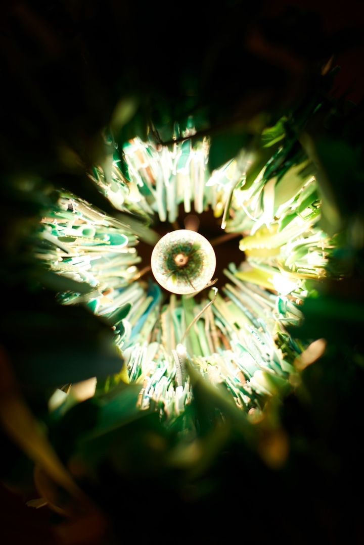 明かりをつけ、シャンデリアを下から眺めた様子