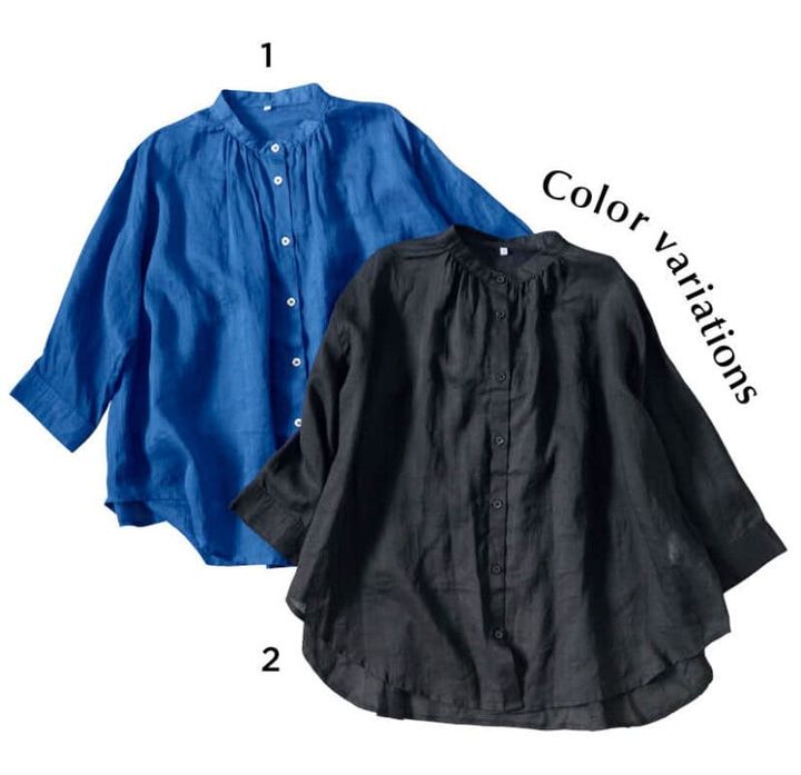 1.やや透け感のある上品なブルーに白のボタンがアクセントになったバンドカラーブラウス。2.ラミー素材独特の光沢でブラックでもどこか華やかな印象。各¥2,420（ともにシーズン リーズン バイ リン アンド レッド／しまむら）