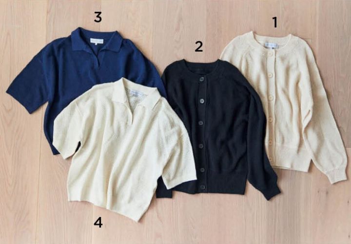 1&2.涼しげに編み立てられたニットカーディガンは、コットンリネンブレンド。フェミニンに寄せるホワイトとモダンシックなブラック。ワンピからパンツスタイルまで着こなしを選ばず万能。各¥2,189、3&4.ややドットのように透ける表面が特徴のスポーティなトップス。綿70％×麻30％の天然素材同士で、着心地はナチュラルで涼やか。春夏にぴったりのブルー、ホワイトの2色。各¥2,189（ともにシーズン リーズン バイ リン アンド レッド／しまむら）