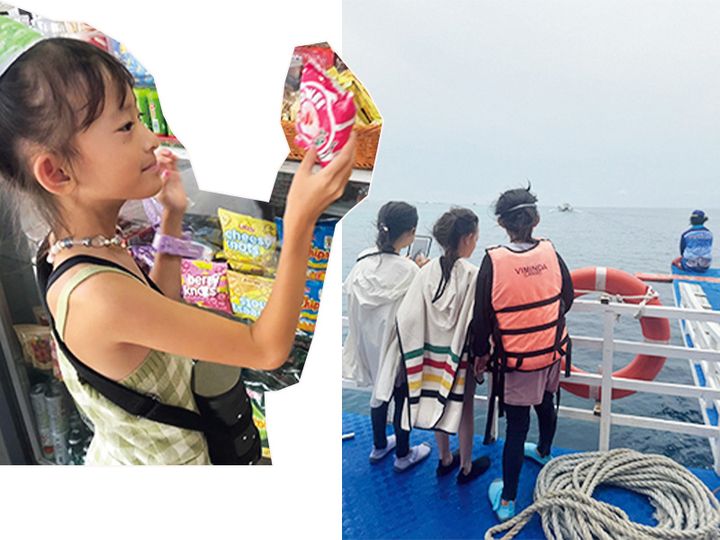お菓子を選ぶ女の子と、乗船している様子の２枚の写真