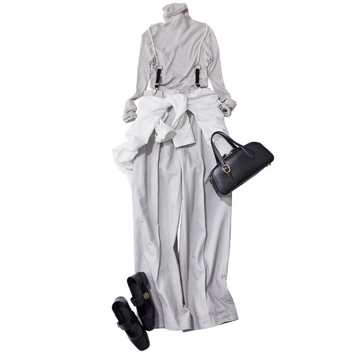 タートルネックロンTとグレーワイドデニムにパールサスペンダーをつけてシャツを腰に巻いたコーデ