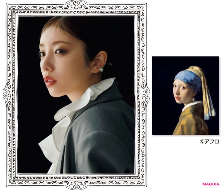与田祐希さんが、フェルメール『真珠の耳飾りの少女』風美女メイク。赤リップ・ラベンダーの光で静謐な美しさに