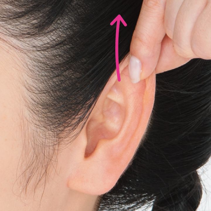 1、耳の最上部をつまみ、上に10秒間引っ張る。